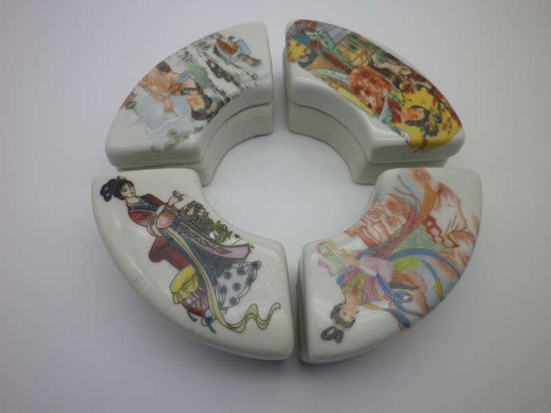 Unusual Oriental Chinese? 4 compartment ceramic set of containers with intricate painting. SIGNED