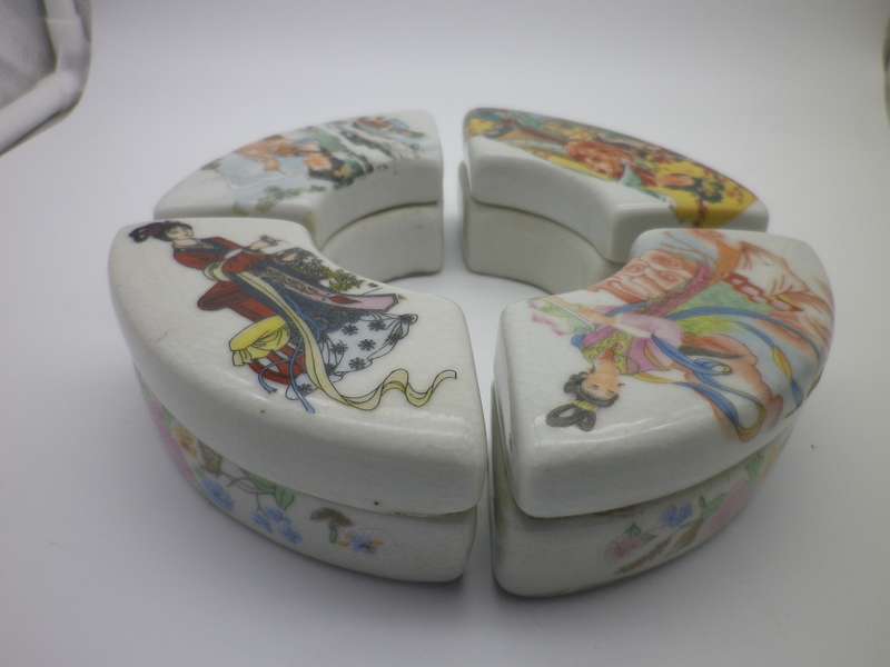Unusual Oriental Chinese? 4 compartment ceramic set of containers with intricate painting. SIGNED