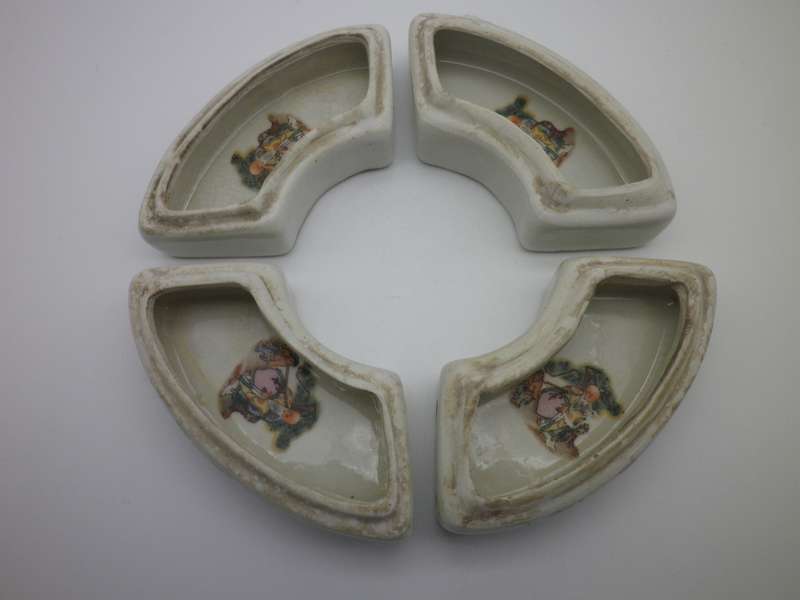 Unusual Oriental Chinese? 4 compartment ceramic set of containers with intricate painting. SIGNED