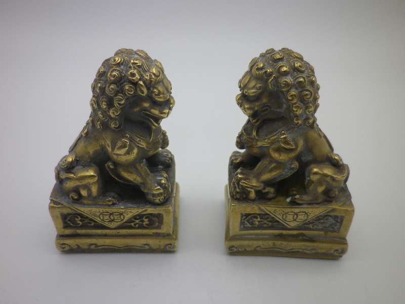 Vintage Pair Brass  20th Century Miniature Chinese foo dogs. Lovely detail. 7.5cm