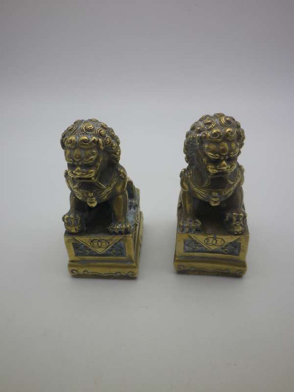 Vintage Pair Brass  20th Century Miniature Chinese foo dogs. Lovely detail. 7.5cm