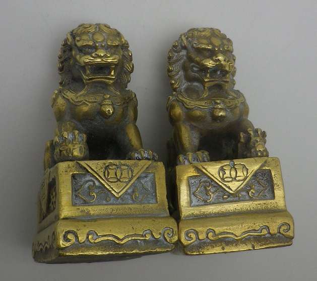Vintage Pair Brass  20th Century Miniature Chinese foo dogs. Lovely detail. 7.5cm