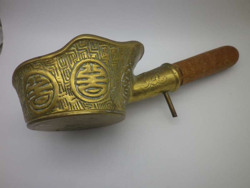 Vintage or Antique  Brass Chinese Coal silk iron with wooden handle Made In Hong Kong