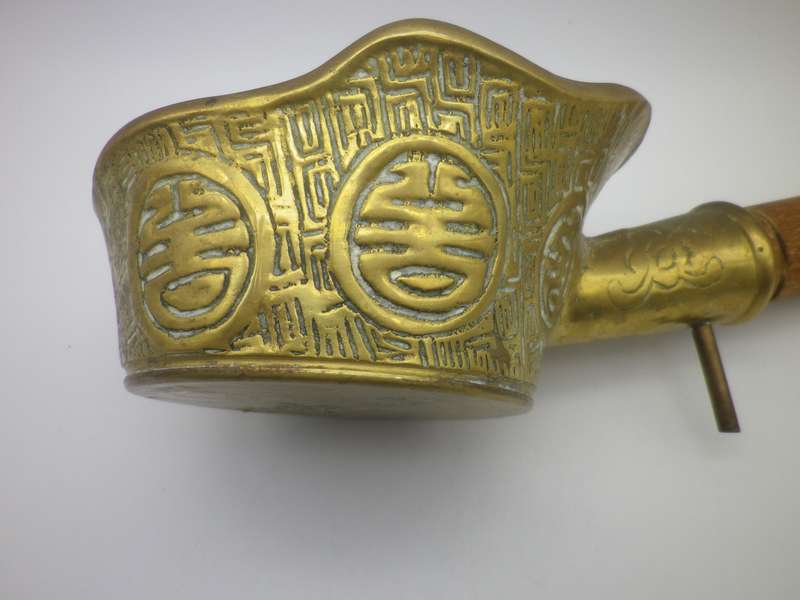 Vintage or Antique  Brass Chinese Coal silk iron with wooden handle Made In Hong Kong
