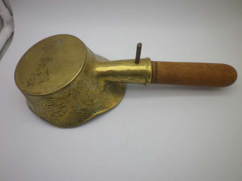 Vintage or Antique  Brass Chinese Coal silk iron with wooden handle Made In Hong Kong