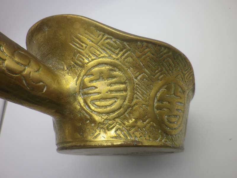 Vintage or Antique  Brass Chinese Coal silk iron with wooden handle Made In Hong Kong
