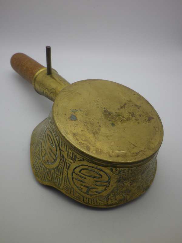 Vintage or Antique  Brass Chinese Coal silk iron with wooden handle Made In Hong Kong
