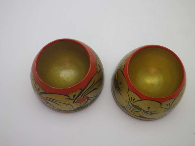 Pair Vintage Russian Khokhloma Hand painted Wooden Egg Cups. Soviet USSR