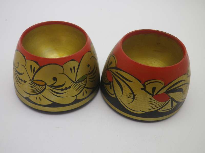 Pair Vintage Russian Khokhloma Hand painted Wooden Egg Cups. Soviet USSR