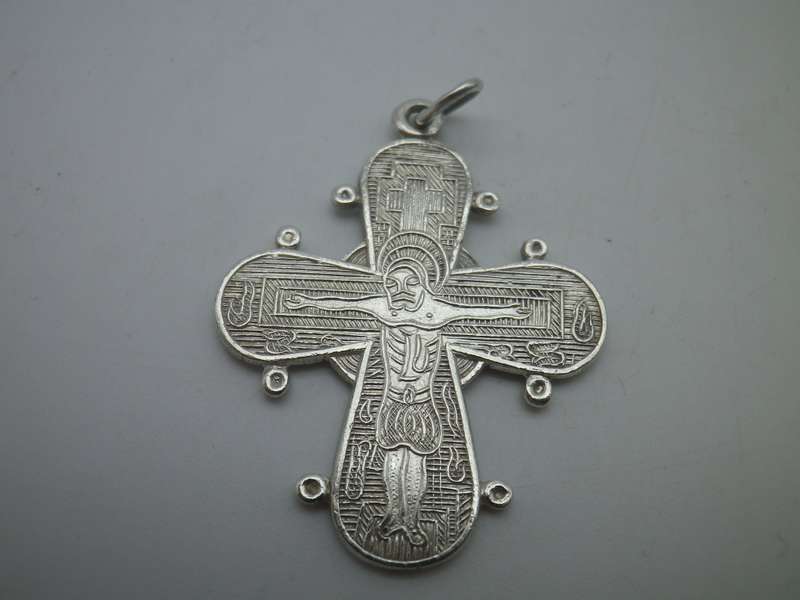 Unusual Silver 880 purity Ornate Orthodox Christian Crucifix Pendant. Russian?