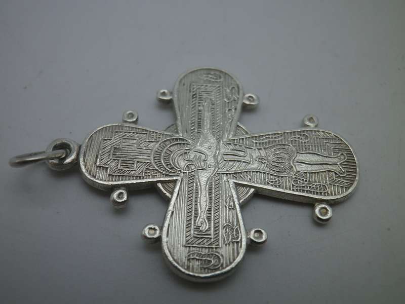 Unusual Silver 880 purity Ornate Orthodox Christian Crucifix Pendant. Russian?