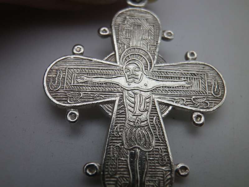 Unusual Silver 880 purity Ornate Orthodox Christian Crucifix Pendant. Russian?