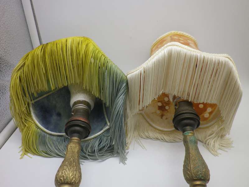 Pair BOHEMIAN Style Brass small table lamps. 100% Working. Original recovered shades. With globes