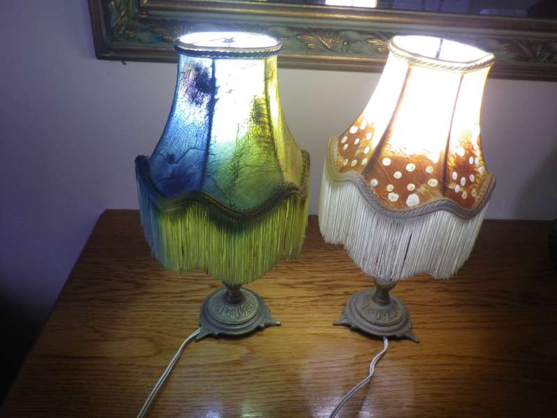 Pair BOHEMIAN Style Brass small table lamps. 100% Working. Original recovered shades. With globes