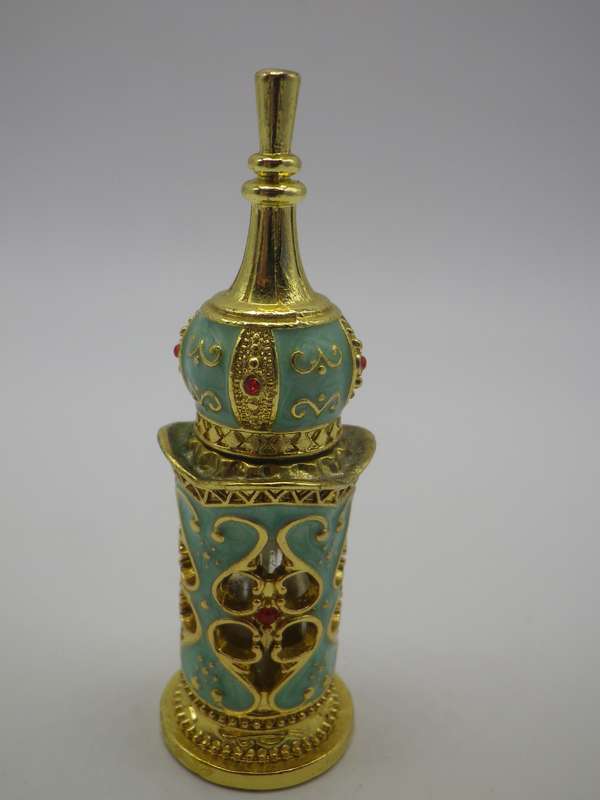 Exquisite Miniature Glass, enamel & gold tone metal perfume bottle. Glass Stopper Re-fillable Turkey