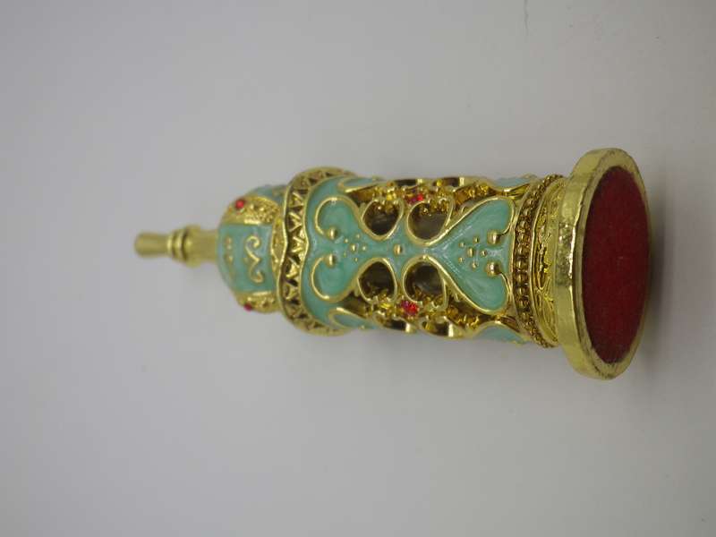 Exquisite Miniature Glass, enamel & gold tone metal perfume bottle. Glass Stopper Re-fillable Turkey