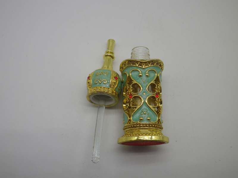 Exquisite Miniature Glass, enamel & gold tone metal perfume bottle. Glass Stopper Re-fillable Turkey
