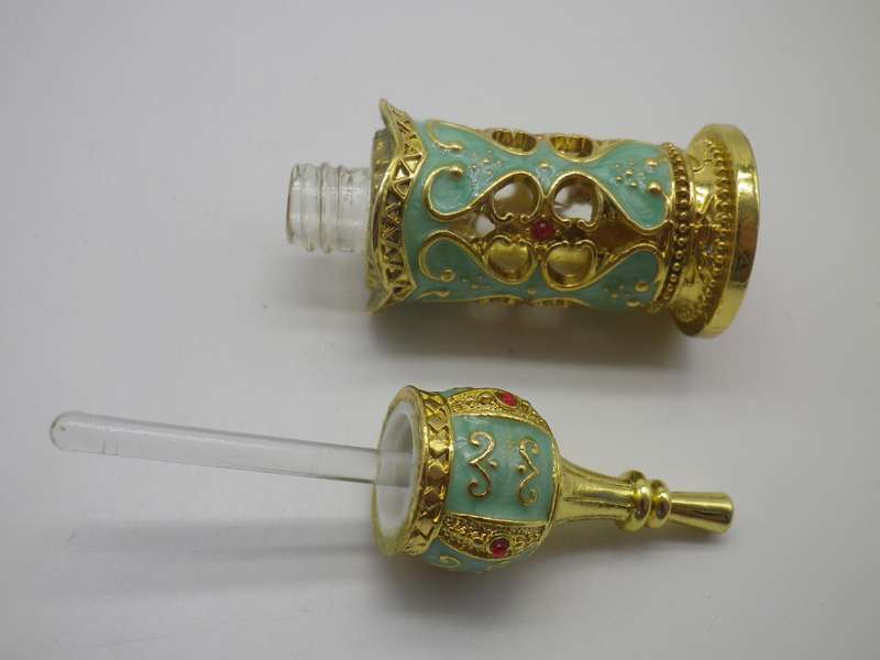 Exquisite Miniature Glass, enamel & gold tone metal perfume bottle. Glass Stopper Re-fillable Turkey