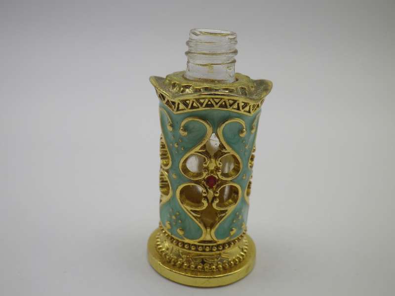 Exquisite Miniature Glass, enamel & gold tone metal perfume bottle. Glass Stopper Re-fillable Turkey