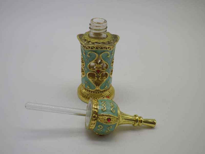Exquisite Miniature Glass, enamel & gold tone metal perfume bottle. Glass Stopper Re-fillable Turkey