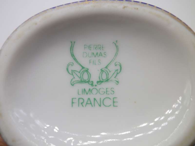 BEAUTIFUL VINTAGE LIMOGES France TRINKET JAR & HOLDER Set DESIGNED BY PIERRE DUMAS FILS