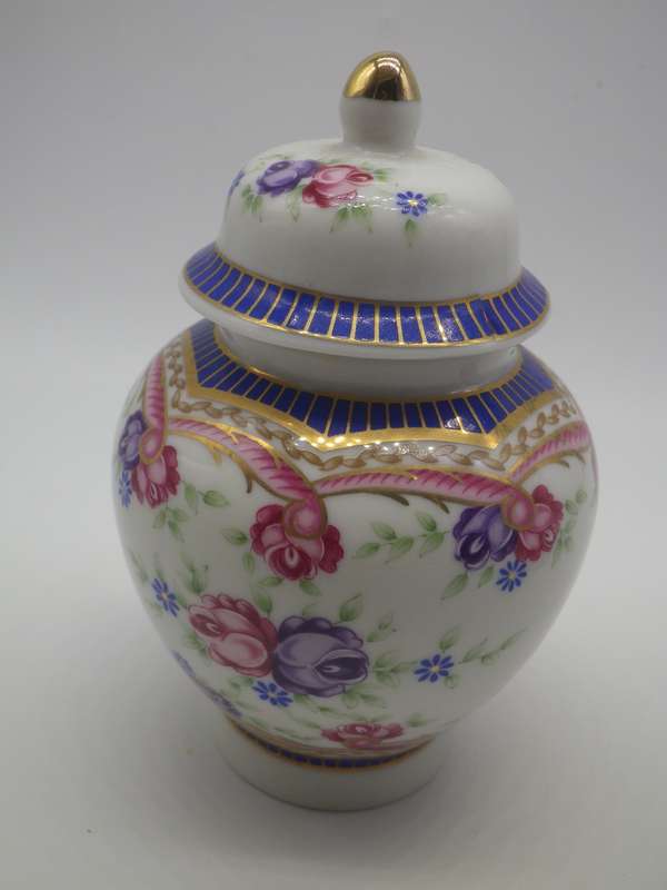 BEAUTIFUL VINTAGE LIMOGES France TRINKET JAR & HOLDER Set DESIGNED BY PIERRE DUMAS FILS