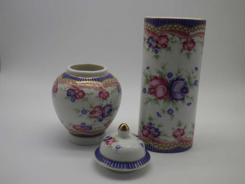 BEAUTIFUL VINTAGE LIMOGES France TRINKET JAR & HOLDER Set DESIGNED BY PIERRE DUMAS FILS