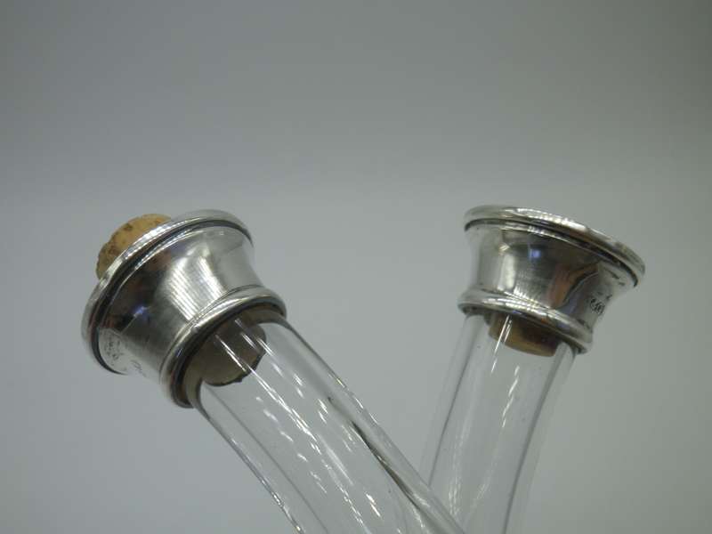 Vintage Glass Oil & Vinegar twist neck holder. Hallmarked silver tops. London 1929  W & Co. 16 cm