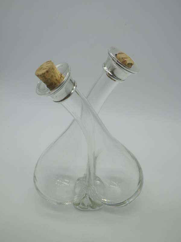 Vintage Glass Oil & Vinegar twist neck holder. Hallmarked silver tops. London 1929  W & Co. 16 cm