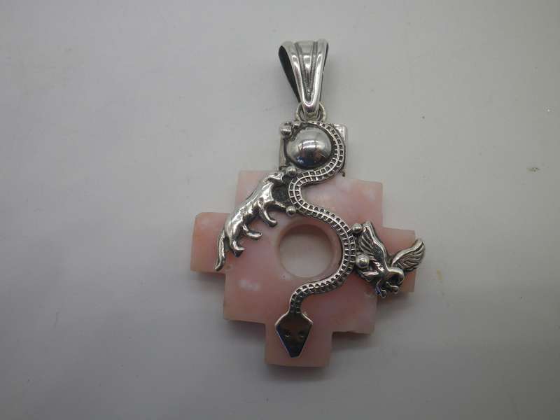 950 Silver & Natural Carved Pink stone Vintage bespoke pendant. Snake, lion & eagle.