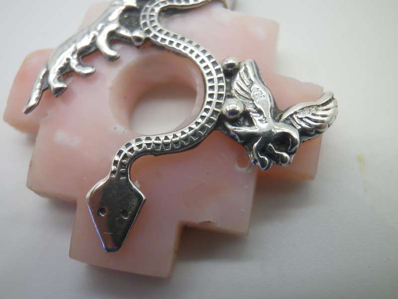950 Silver & Natural Carved Pink stone Vintage bespoke pendant. Snake, lion & eagle.