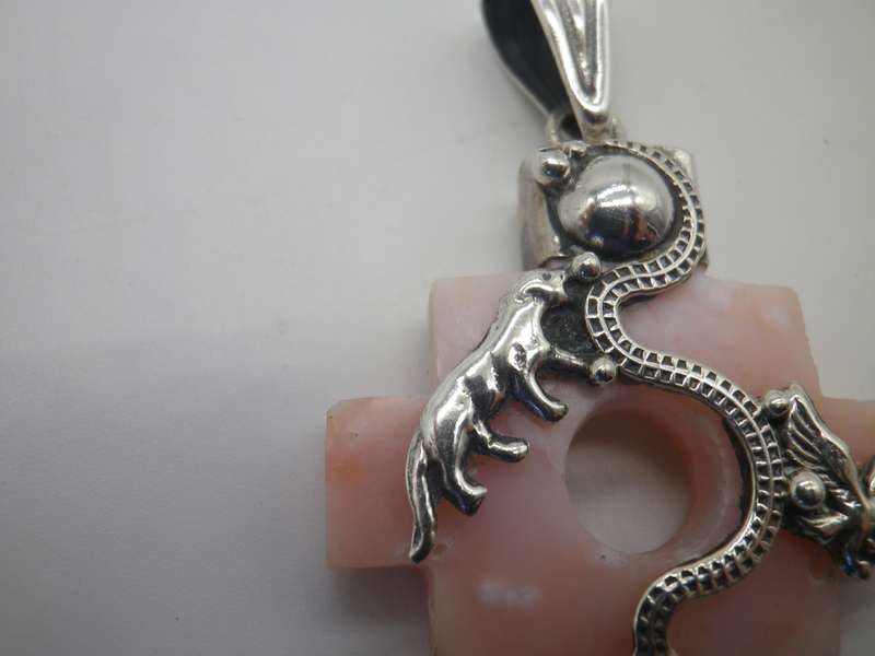 950 Silver & Natural Carved Pink stone Vintage bespoke pendant. Snake, lion & eagle.