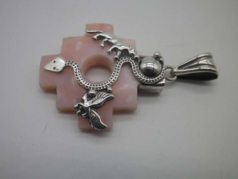950 Silver & Natural Carved Pink stone Vintage bespoke pendant. Snake, lion & eagle.