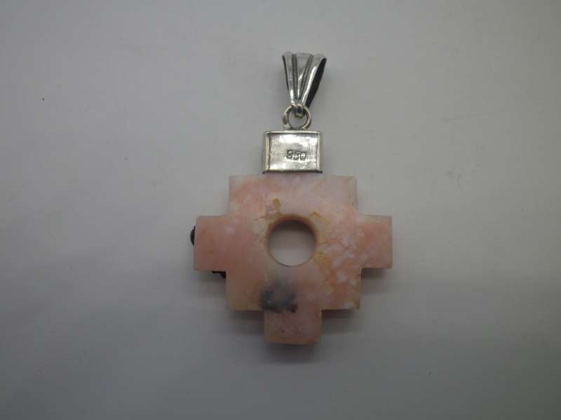 950 Silver & Natural Carved Pink stone Vintage bespoke pendant. Snake, lion & eagle.