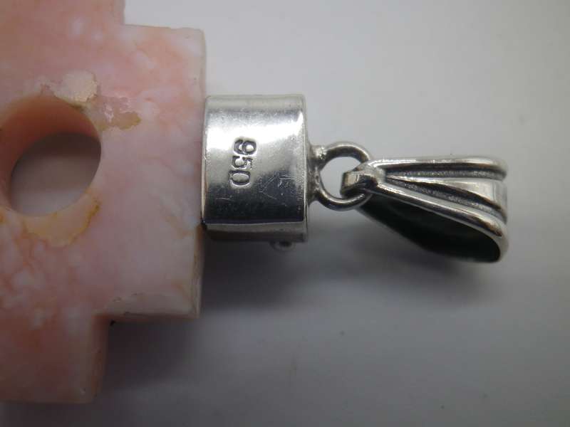 950 Silver & Natural Carved Pink stone Vintage bespoke pendant. Snake, lion & eagle.