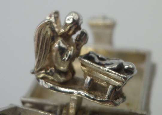 Rare 1950s  Sterling Silver opening BIBLE charm or pendant with praying angel & baby inside. 7.1g