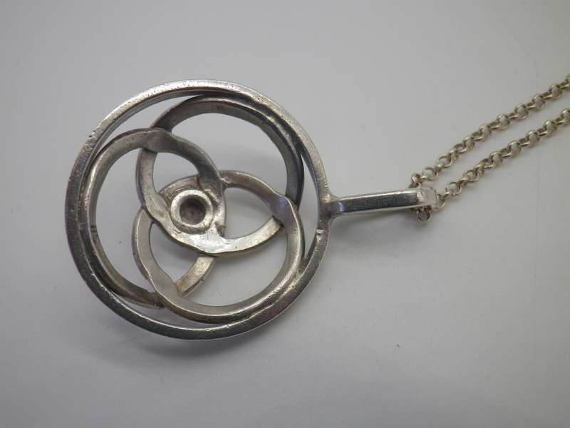 Vintage Sterling Silver CELTIC KNOT PENDANT with a little red stone, on silver Chain