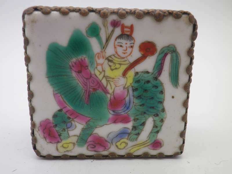 Vintage metal lidded box with Chinese ceramic lid & mirror inside.