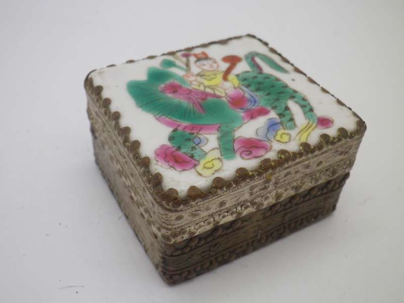 Vintage metal lidded box with Chinese ceramic lid & mirror inside.