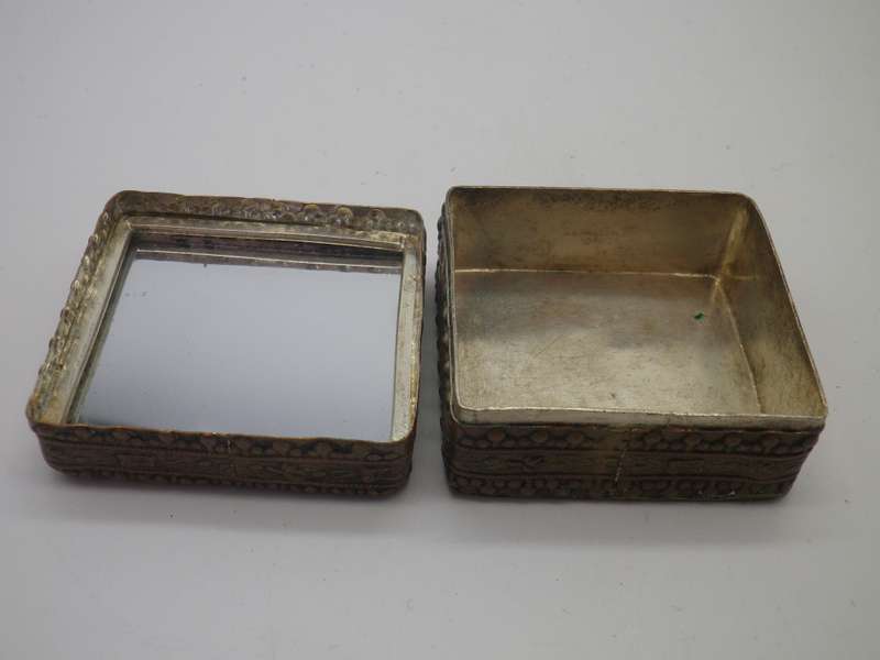 Vintage metal lidded box with Chinese ceramic lid & mirror inside.