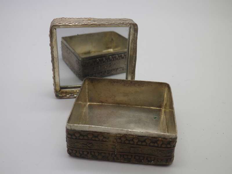 Vintage metal lidded box with Chinese ceramic lid & mirror inside.