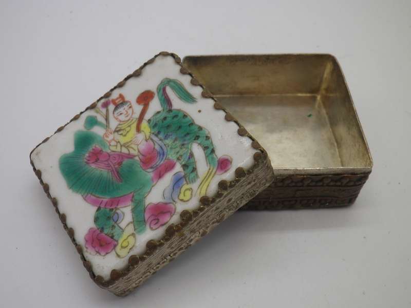 Vintage metal lidded box with Chinese ceramic lid & mirror inside.