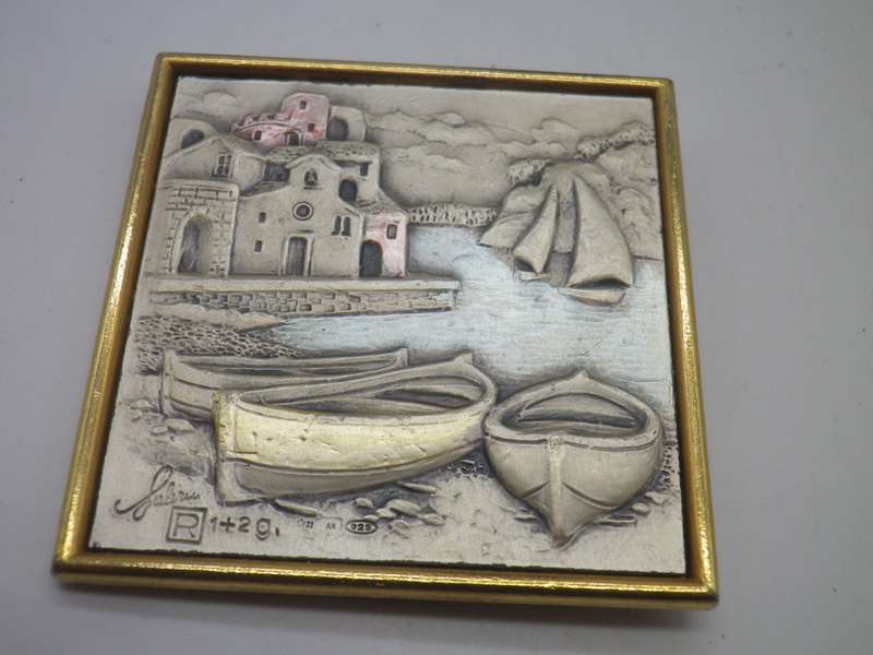 Miniature Vintage 925 Silver Front standing picture of a seaside island scene. 5cm