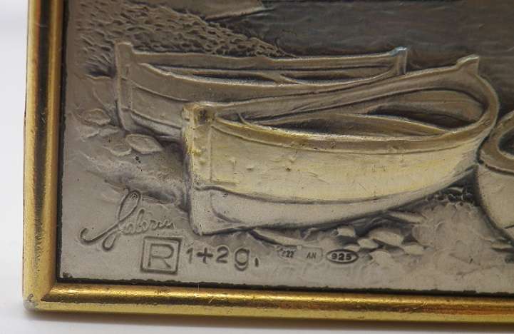 Miniature Vintage 925 Silver Front standing picture of a seaside island scene. 5cm