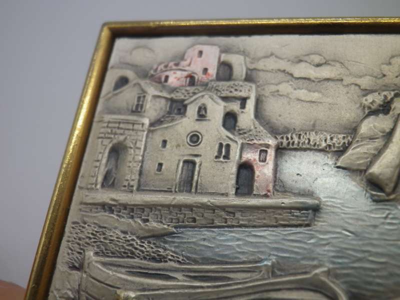 Miniature Vintage 925 Silver Front standing picture of a seaside island scene. 5cm