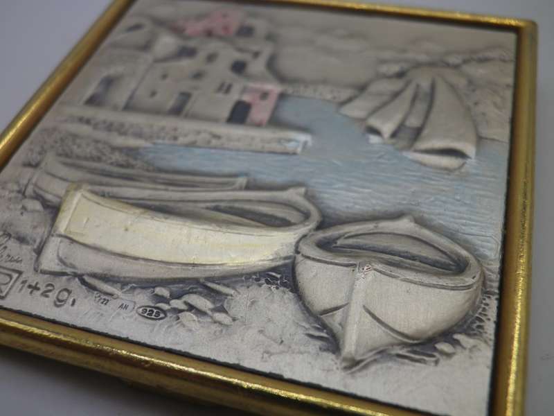 Miniature Vintage 925 Silver Front standing picture of a seaside island scene. 5cm