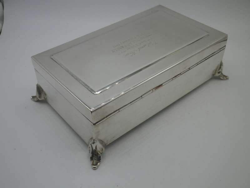 Vintage Rhodesian A1 silver plate on copper footed table cigarette/tobacco box