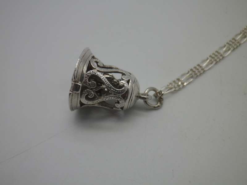 Wedding couple in a bell Sterling Silver Vintage Pendant on silver chain RARE!