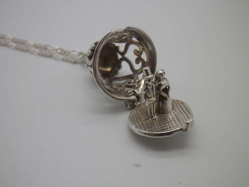 Wedding couple in a bell Sterling Silver Vintage Pendant on silver chain RARE!
