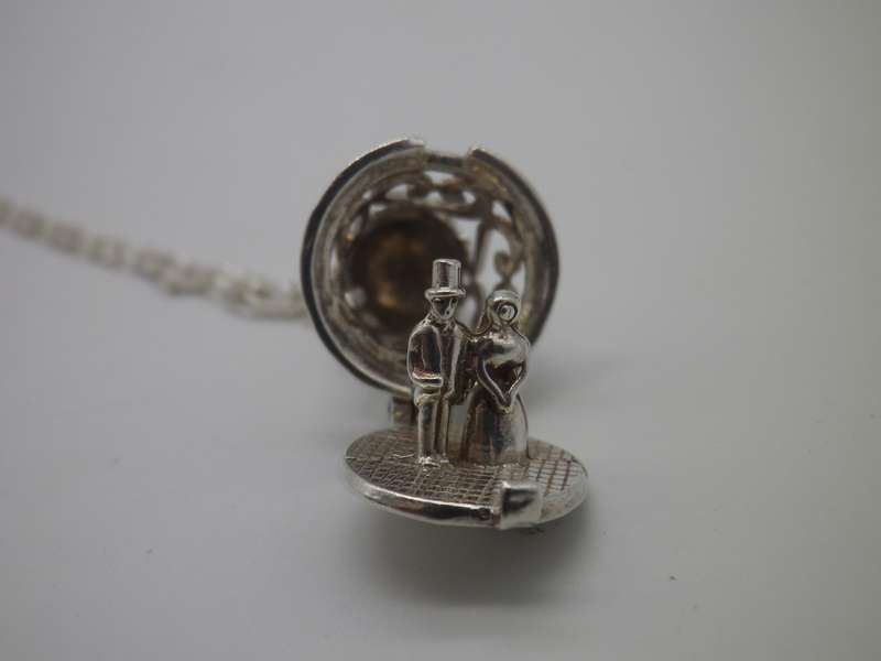 Wedding couple in a bell Sterling Silver Vintage Pendant on silver chain RARE!